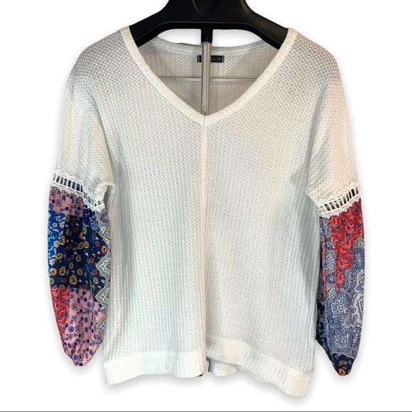 Miholl Sweaters - Miholl Wom S White Waffle Knit Pullover V-Neck Sweater Top Statement Sleeve Boho